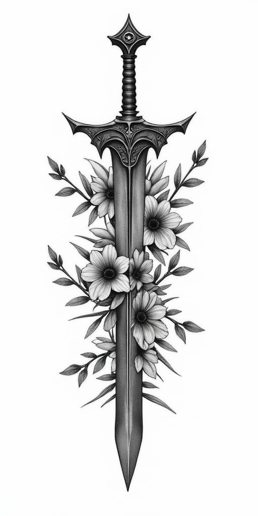 Assassins creed hidden blade with flowers, thorns, lots of blood and vines in new school tattoo, pop culture, modern, detailed tattoo, illustrative - Variation 3