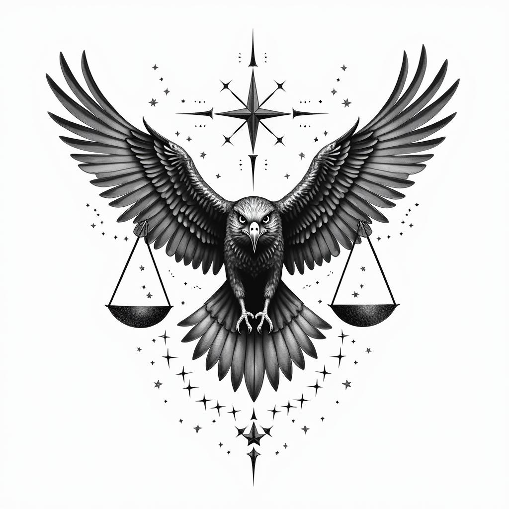 A majestic hawk with keen eyes soaring high, accompanied by Libra scales symbolizing balance, surrounded by twinkling stars, with the phrase "rise above all limitations" elegantly integrated, capturing the essence of perspective, balance, and personal growth.higly detailed tattoo - Variation 2
