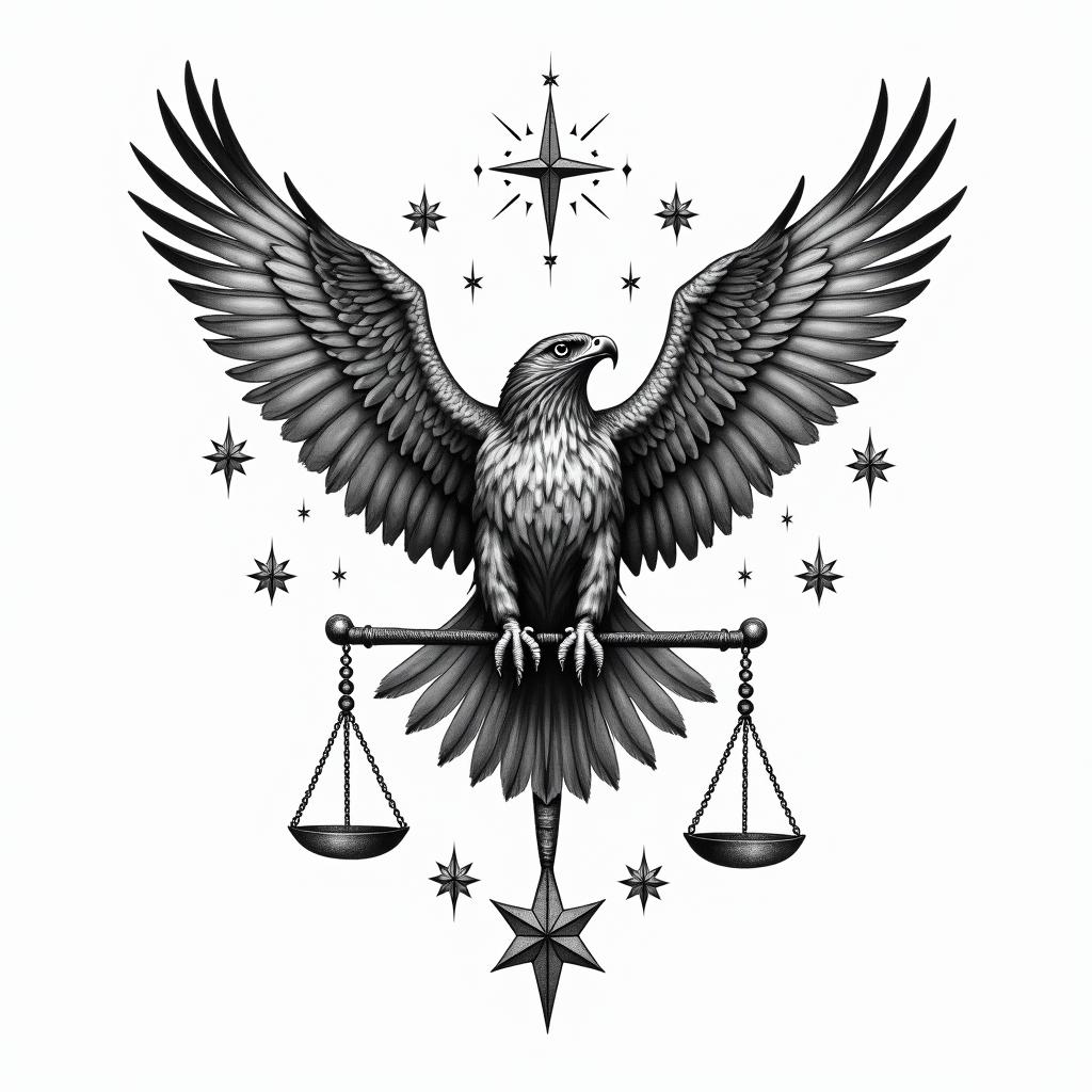 A majestic hawk with keen eyes soaring high, accompanied by Libra scales symbolizing balance, surrounded by twinkling stars, with the phrase "rise above all limitations" elegantly integrated, capturing the essence of perspective, balance, and personal growth.higly detailed tattoo - Variation 4