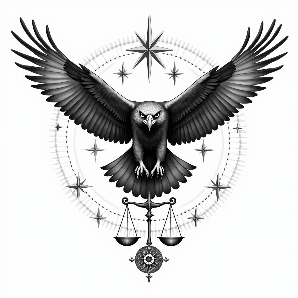 A majestic hawk with keen eyes soaring high, accompanied by Libra scales symbolizing balance, surrounded by twinkling stars, with the phrase "rise above all limitations" elegantly integrated, capturing the essence of perspective, balance, and personal growth.higly detailed tattoo - Variation 3