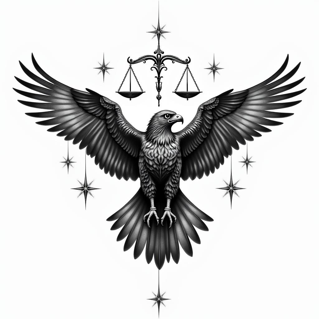 A majestic hawk with keen eyes soaring high, accompanied by Libra scales symbolizing balance, surrounded by twinkling stars, with the phrase "rise above all limitations" elegantly integrated, capturing the essence of perspective, balance, and personal growth.higly detailed tattoo