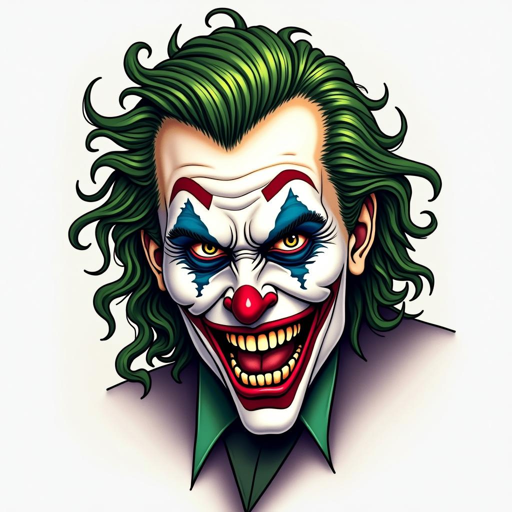 The Joker with a menacing smilein authentic tattoo style, incorporating traditional modifications, bold black outlines, solid color fills, featuring classic authentic elements - Variation 2