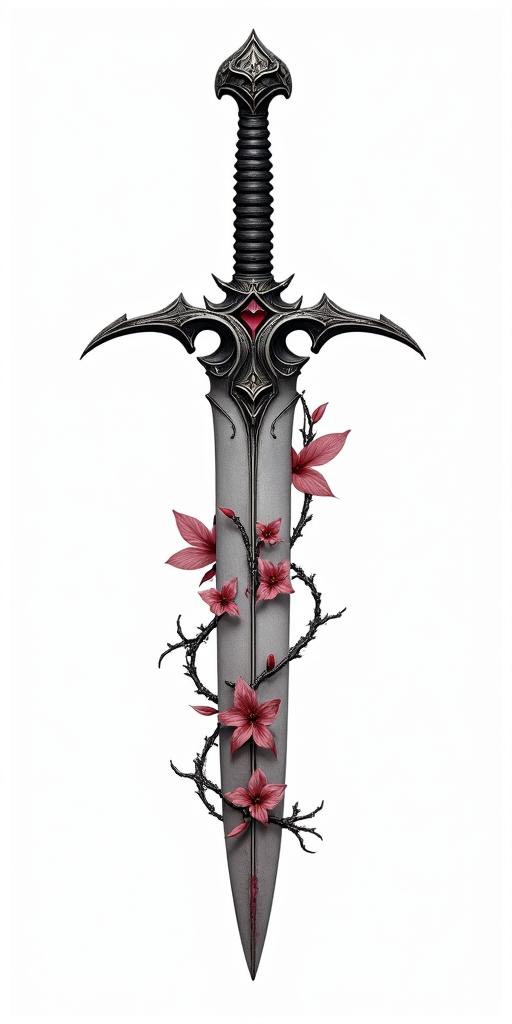 Assassins creed hidden blade with flowers, thorns, lots of blood and vines in realism tattoo style, featuring a highly detailed, lifelike, capturing every detail, photorealistic, ultra realistic, intricate shading, smooth and sharp,   - Variation 7