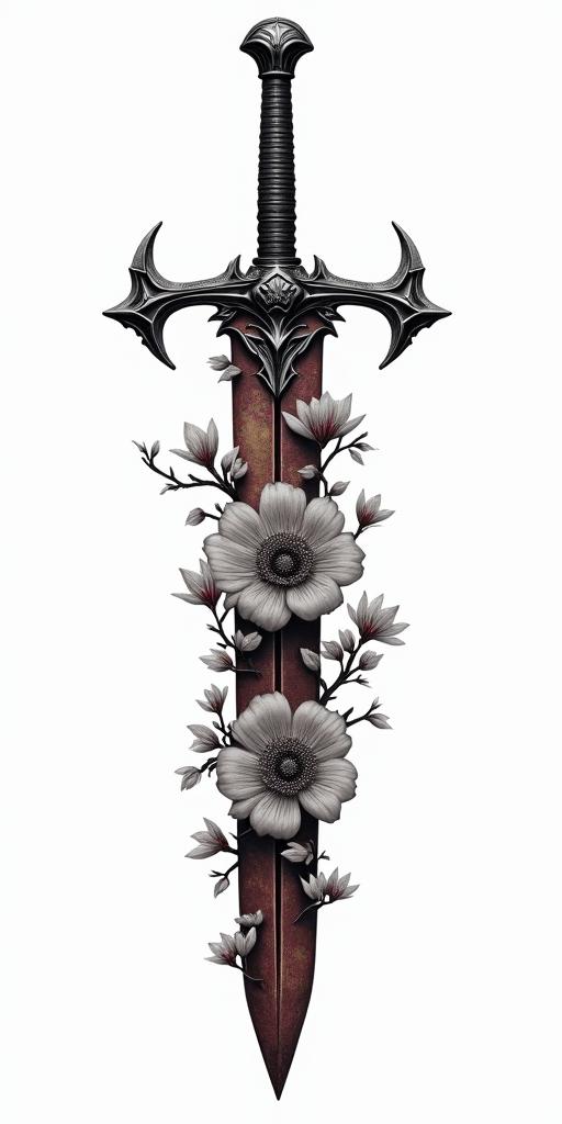 Assassins creed hidden blade with flowers, thorns, lots of blood and vines in realism tattoo style, featuring a highly detailed, lifelike, capturing every detail, photorealistic, ultra realistic, intricate shading, smooth and sharp,   - Variation 9