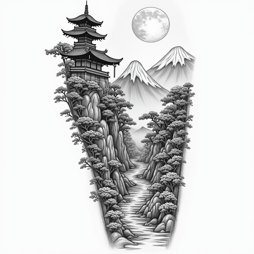 Create a design of a Japanese-themed landscape where mythological creatures and traditional Japanese temples are visible within the piece, keeping in mind that it will be the size of the forearm of a person who is 1.80 meters tall and weighs 60 kg, using the space from the forearm to the hand. I want a developed piece with traditional typical details.in japanese style tattoo, detailed tattoo, traditional japanese culture tattoo, mythology, 8k - Variation 4