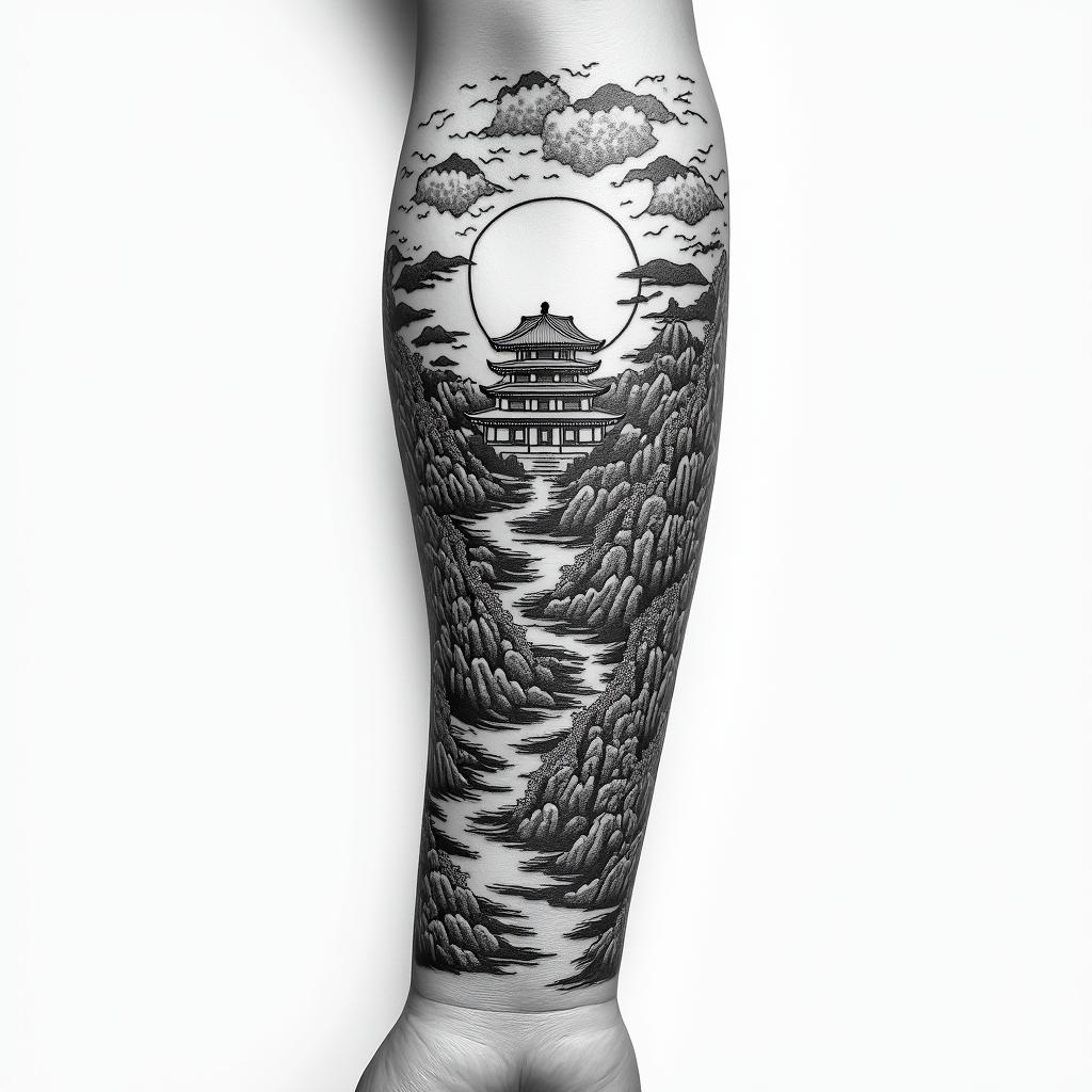Create a design of a Japanese-themed landscape where mythological creatures and traditional Japanese temples are visible within the piece, keeping in mind that it will be the size of the forearm of a person who is 1.80 meters tall and weighs 60 kg, using the space from the forearm to the hand. I want a developed piece with traditional typical details.in japanese style tattoo, detailed tattoo, traditional japanese culture tattoo, mythology, 8k - Variation 2