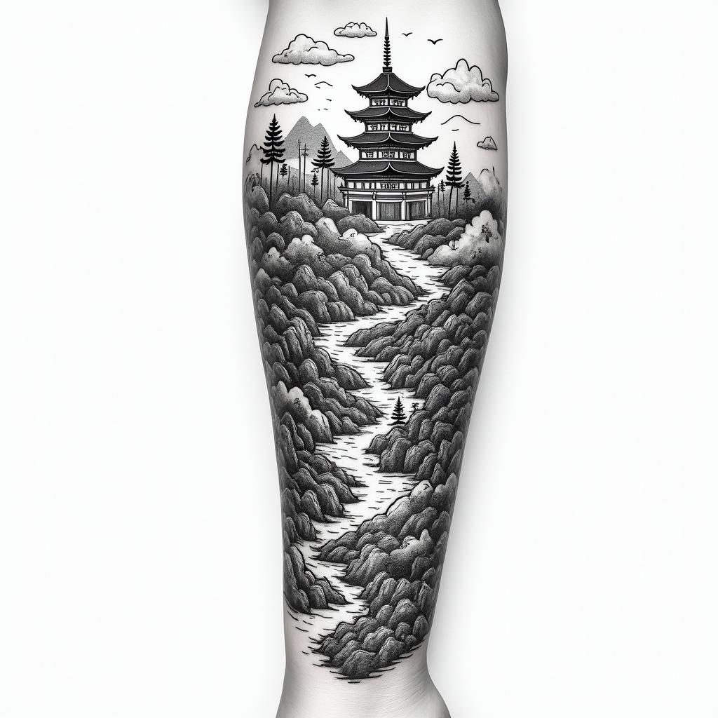 Create a design of a Japanese-themed landscape where mythological creatures and traditional Japanese temples are visible within the piece, keeping in mind that it will be the size of the forearm of a person who is 1.80 meters tall and weighs 60 kg, using the space from the forearm to the hand. I want a developed piece with traditional typical details.in japanese style tattoo, detailed tattoo, traditional japanese culture tattoo, mythology, 8k