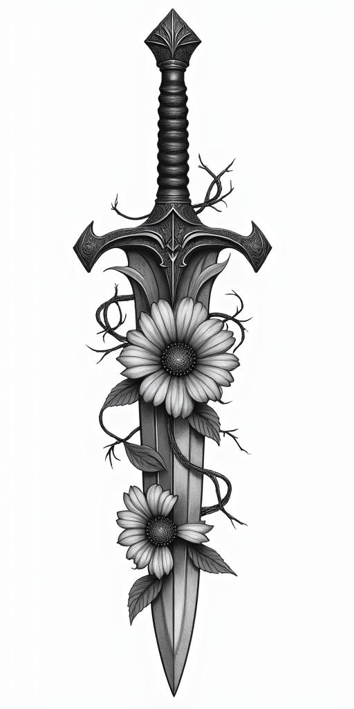 Assassins creed hidden blade with flowers, thorns, lots of blood and vines in realism tattoo style, featuring a highly detailed, lifelike, capturing every detail, photorealistic, ultra realistic, intricate shading, smooth and sharp,   - Variation 4