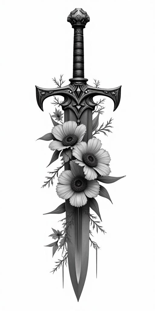 Assassins creed hidden blade with flowers, thorns, lots of blood and vines in realism tattoo style, featuring a highly detailed, lifelike, capturing every detail, photorealistic, ultra realistic, intricate shading, smooth and sharp,   - Variation 6