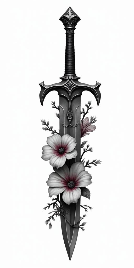 Assassins creed hidden blade with flowers, thorns, lots of blood and vines in realism tattoo style, featuring a highly detailed, lifelike, capturing every detail, photorealistic, ultra realistic, intricate shading, smooth and sharp,   - Variation 2