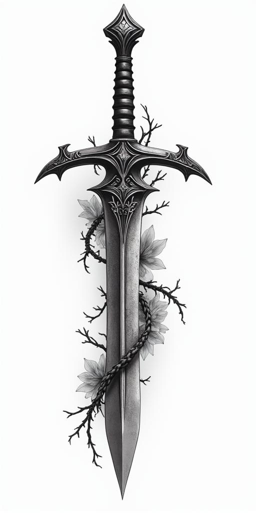 Assassins creed hidden blade with flowers, thorns, lots of blood and vines in realism tattoo style, featuring a highly detailed, lifelike, capturing every detail, photorealistic, ultra realistic, intricate shading, smooth and sharp,   - Variation 5