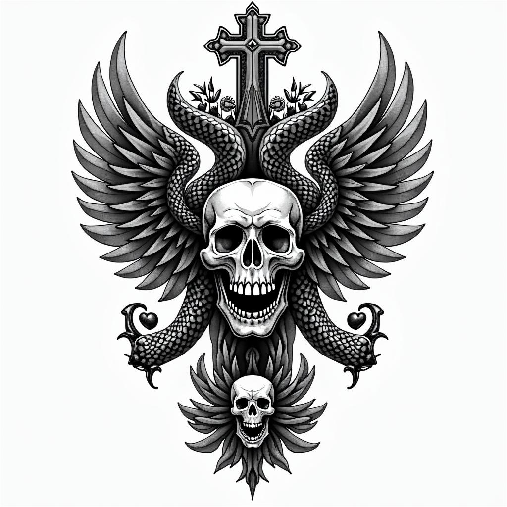 Guns snake lion heart ace of spadesin chicano style tattoo, featuring intricate black and grey shading, bold elements of traditional chicano culture symbols, add a big cross with skull, chains and roses - Variation 4