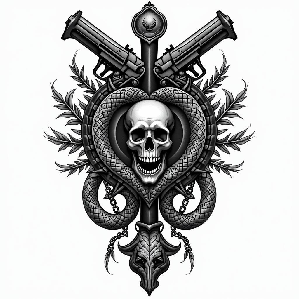 Guns snake lion heart ace of spadesin chicano style tattoo, featuring intricate black and grey shading, bold elements of traditional chicano culture symbols, add a big cross with skull, chains and roses - Variation 3