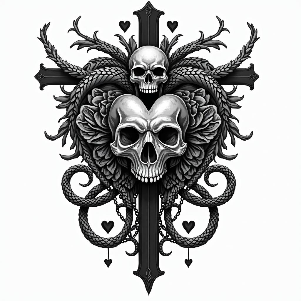 Guns snake lion heart ace of spadesin chicano style tattoo, featuring intricate black and grey shading, bold elements of traditional chicano culture symbols, add a big cross with skull, chains and roses