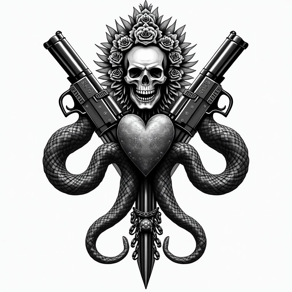Guns snake lion heart ace of spadesin chicano style tattoo, featuring intricate black and grey shading, bold elements of traditional chicano culture symbols, add a big cross with skull, chains and roses - Variation 2