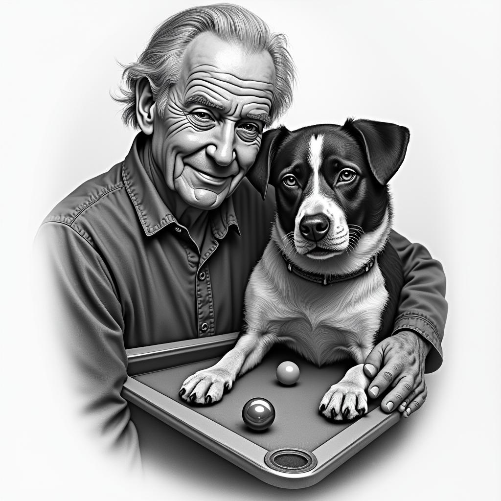 A tattoo tribute to a deceased grandfather, symbolizing strength and determination, with the image of a dog representing loyalty and friendship, including elements of a pool game that evoke moments of fun and family togetherness, in a realistic and detailed style.higly detailed tattoo - Variation 2