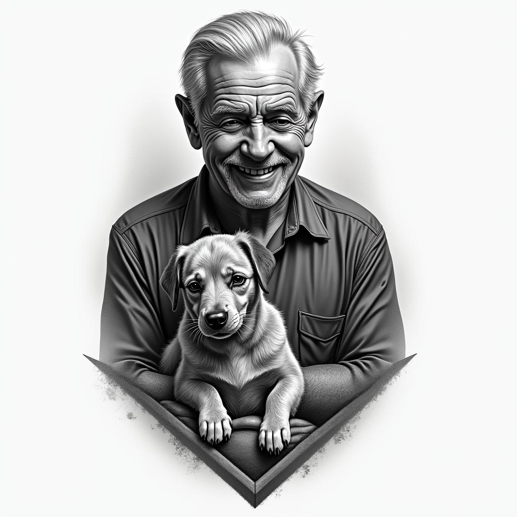 A tattoo tribute to a deceased grandfather, symbolizing strength and determination, with the image of a dog representing loyalty and friendship, including elements of a pool game that evoke moments of fun and family togetherness, in a realistic and detailed style.higly detailed tattoo