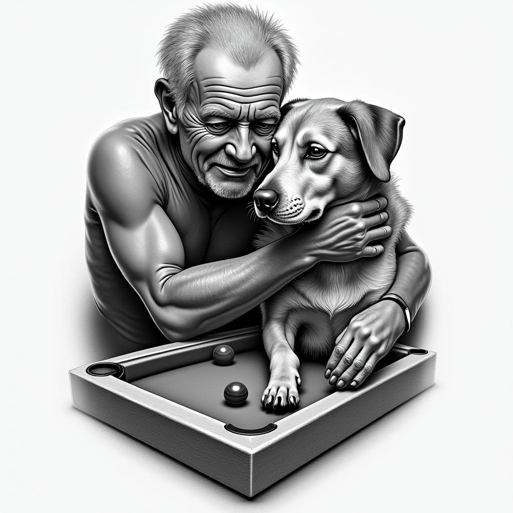 A tattoo tribute to a deceased grandfather, symbolizing strength and determination, with the image of a dog representing loyalty and friendship, including elements of a pool game that evoke moments of fun and family togetherness, in a realistic and detailed style.higly detailed tattoo - Variation 3