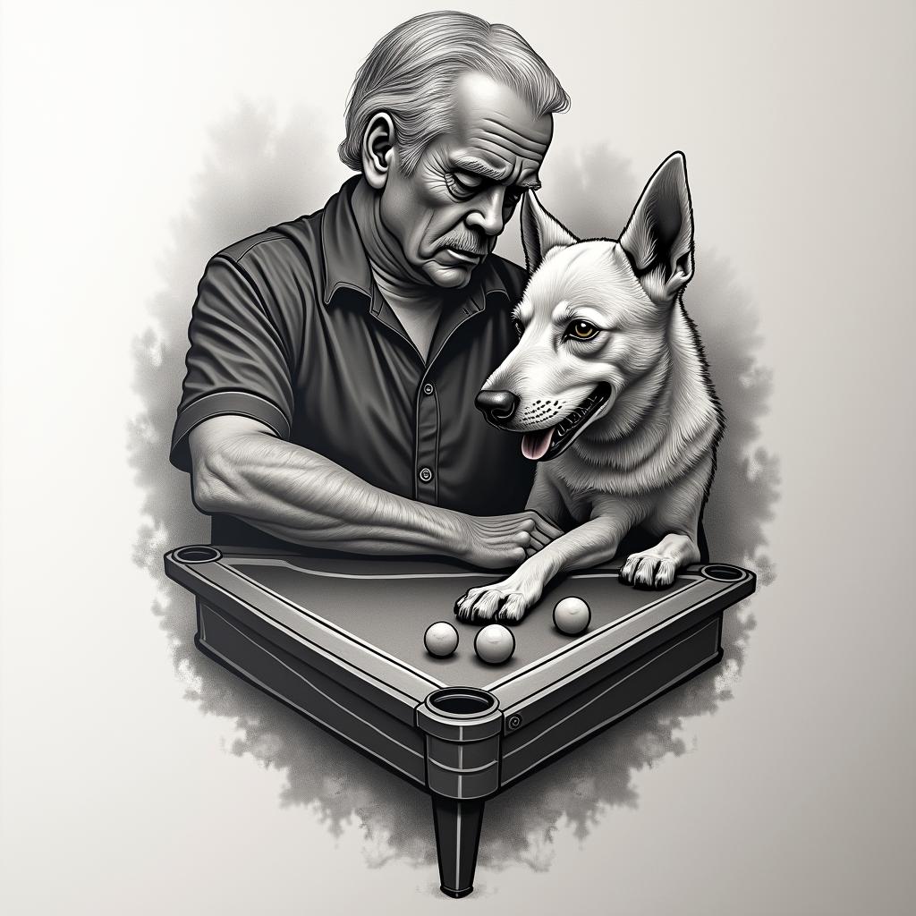 A tattoo tribute to a deceased grandfather, symbolizing strength and determination, with the image of a dog representing loyalty and friendship, including elements of a pool game that evoke moments of fun and family togetherness, in a realistic and detailed style.higly detailed tattoo - Variation 4