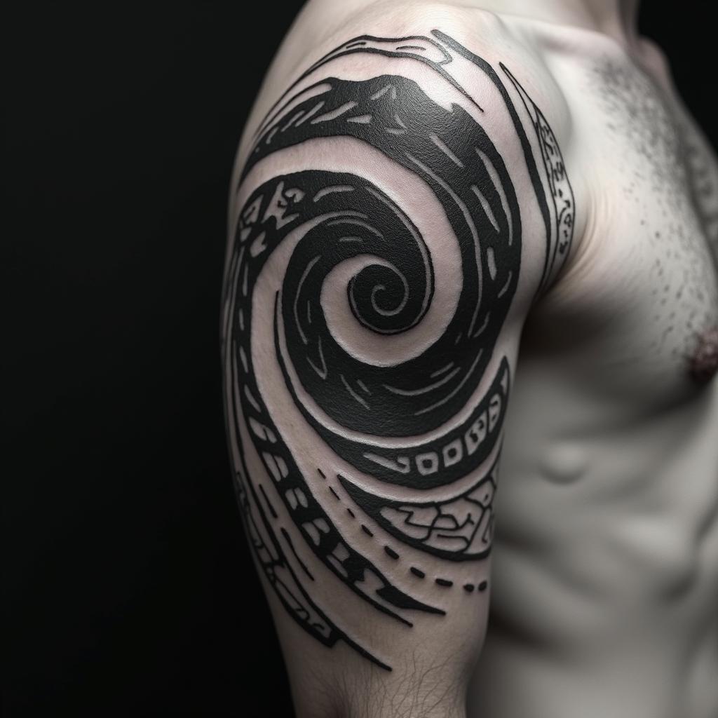 Tribal black swirling in arm half sleevein authentic tattoo style, incorporating traditional modifications, bold black outlines, solid color fills, featuring classic authentic elements - Variation 4