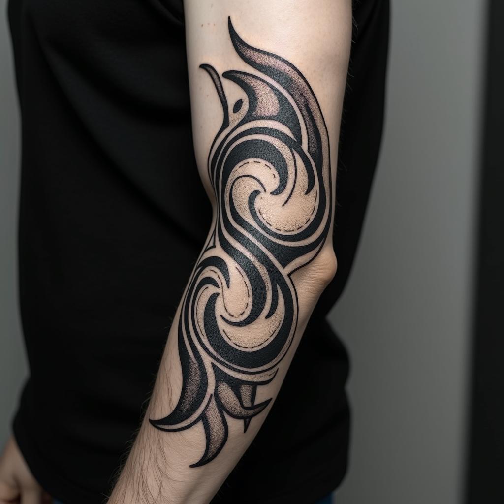 Tribal black swirling in arm half sleevein authentic tattoo style, incorporating traditional modifications, bold black outlines, solid color fills, featuring classic authentic elements - Variation 2
