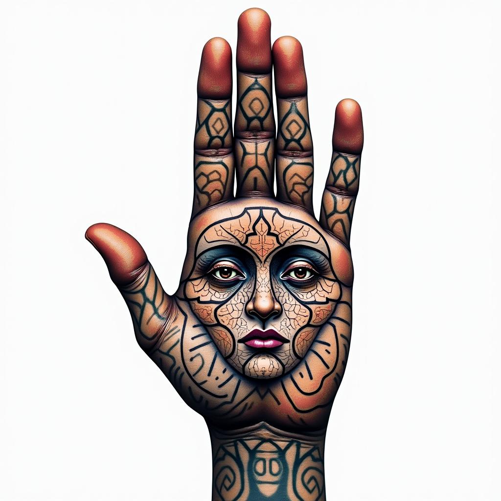 Fingerprint with a face entwined in geometric style tattoo, blending hexagons, mandala-inspired patterns, symmetrical and fractal design, clean lines, sharp angles - Variation 3