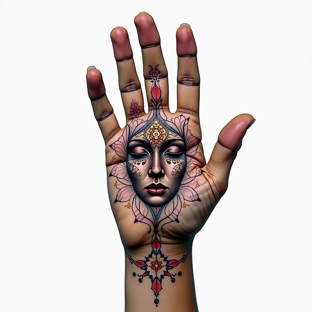 Fingerprint with a face entwined in geometric style tattoo, blending hexagons, mandala-inspired patterns, symmetrical and fractal design, clean lines, sharp angles - Variation 1