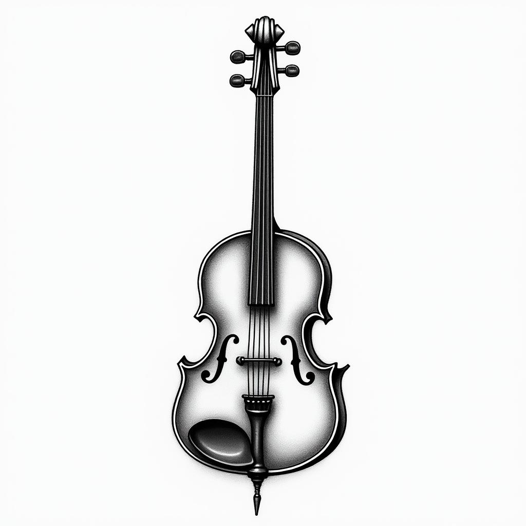 Draw an instrument that is half banjo and half fiddlehigly detailed tattoo - Variation 2