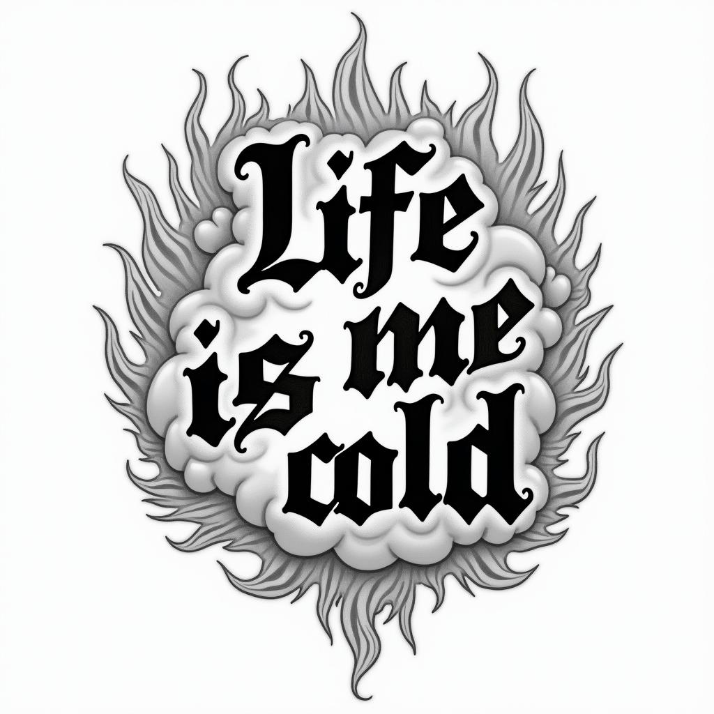 Life is cold words, flames, cloudstext-based tattoo, gothic font ultra-realistic, perfectly placed, high-quality font design, photo-realistic shading, 8k, high quality, finely detailed typography - Variation 4