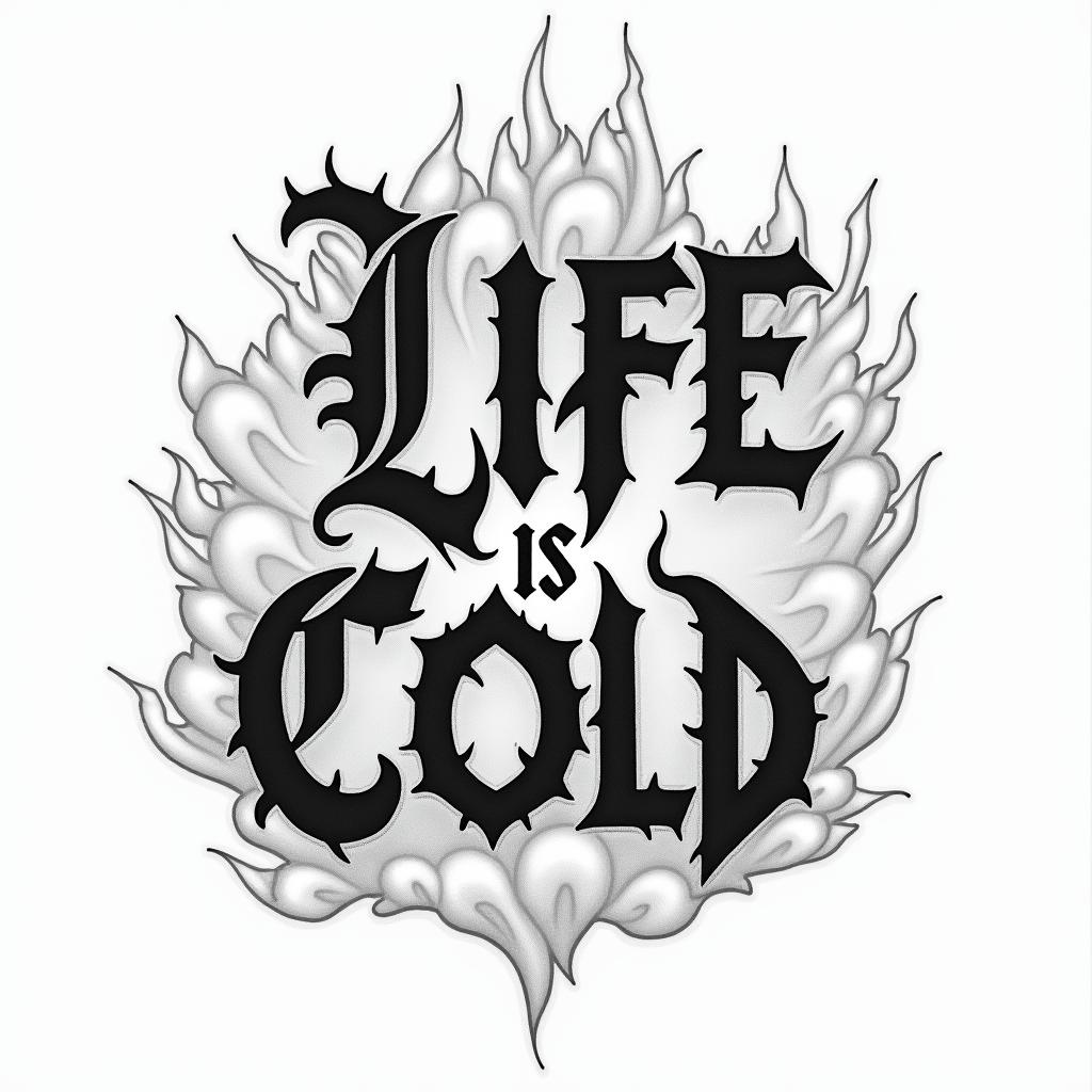 Life is cold words, flames, cloudstext-based tattoo, gothic font ultra-realistic, perfectly placed, high-quality font design, photo-realistic shading, 8k, high quality, finely detailed typography - Variation 3