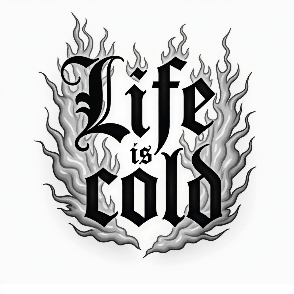 Life is cold words, flames, cloudstext-based tattoo, gothic font ultra-realistic, perfectly placed, high-quality font design, photo-realistic shading, 8k, high quality, finely detailed typography - Variation 2