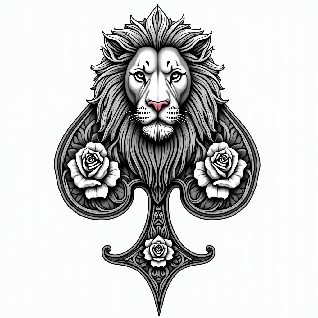 Ace of spade gun roses lionin ornamental tattoo style, featuring intricate symmetrical patterns and floral designs, showcasing highly detailed line work and geometric shapes, creating a sense of elegance and balance - Variation 4