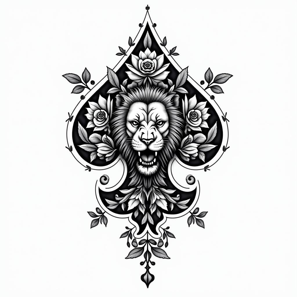 Ace of spade gun roses lionin ornamental tattoo style, featuring intricate symmetrical patterns and floral designs, showcasing highly detailed line work and geometric shapes, creating a sense of elegance and balance - Variation 3