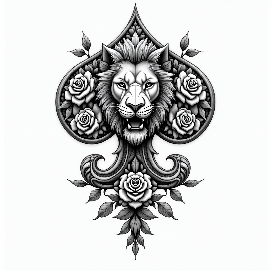Ace of spade gun roses lionin ornamental tattoo style, featuring intricate symmetrical patterns and floral designs, showcasing highly detailed line work and geometric shapes, creating a sense of elegance and balance - Variation 2