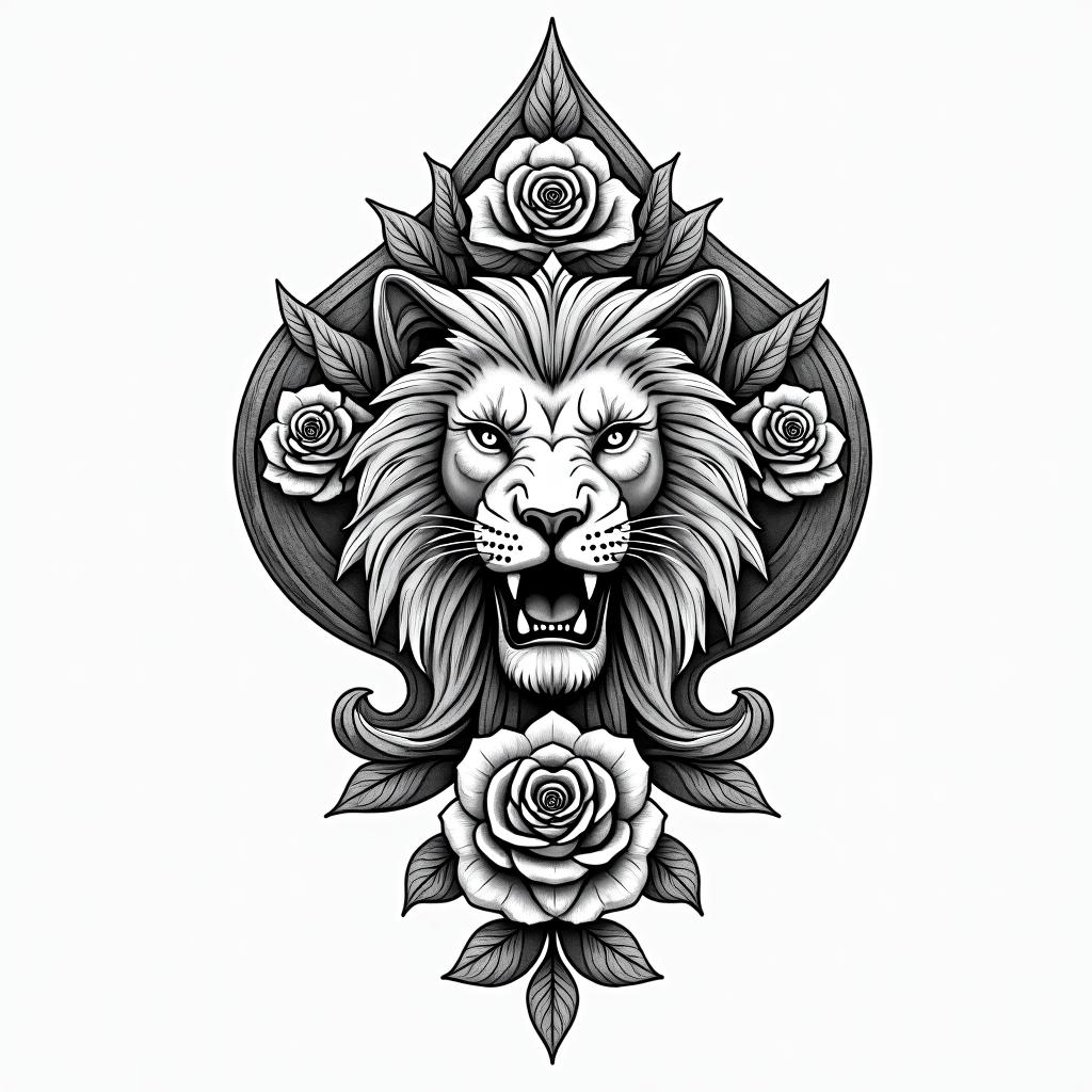 Ace of spade gun roses lionin ornamental tattoo style, featuring intricate symmetrical patterns and floral designs, showcasing highly detailed line work and geometric shapes, creating a sense of elegance and balance