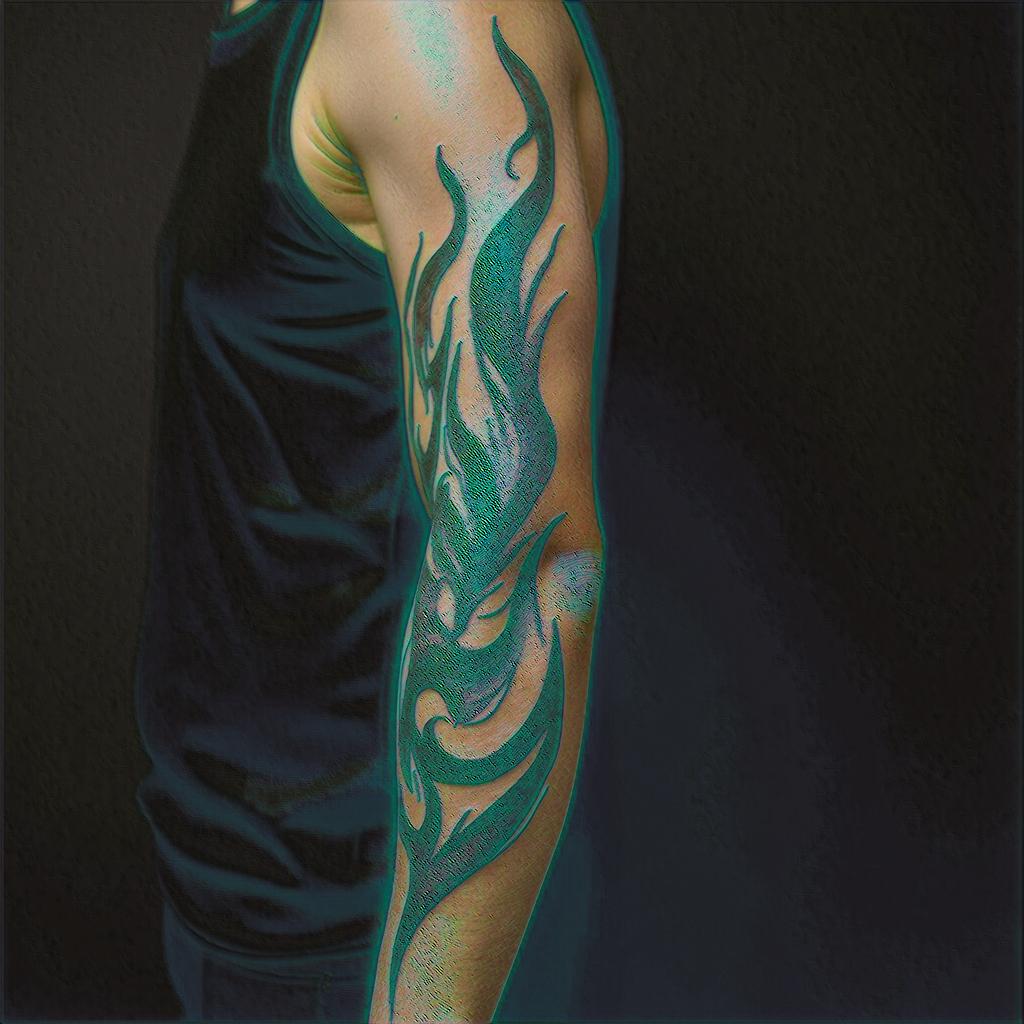 Tribal black swirling in arm half sleevein flame tattoo style showcasing fiery elements with dynamic flame patterns, glowing effect of flames, natural colors - Variation 2