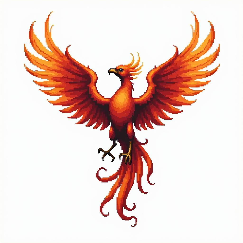 Rising phoenix with vibrant fiery wingsin 8-bit tattoo style, minimalistic pixel style tattoo, pixel art with simplified shapes and retro gaming visuals, inspired by 8-bit pixel based detailing - Variation 2
