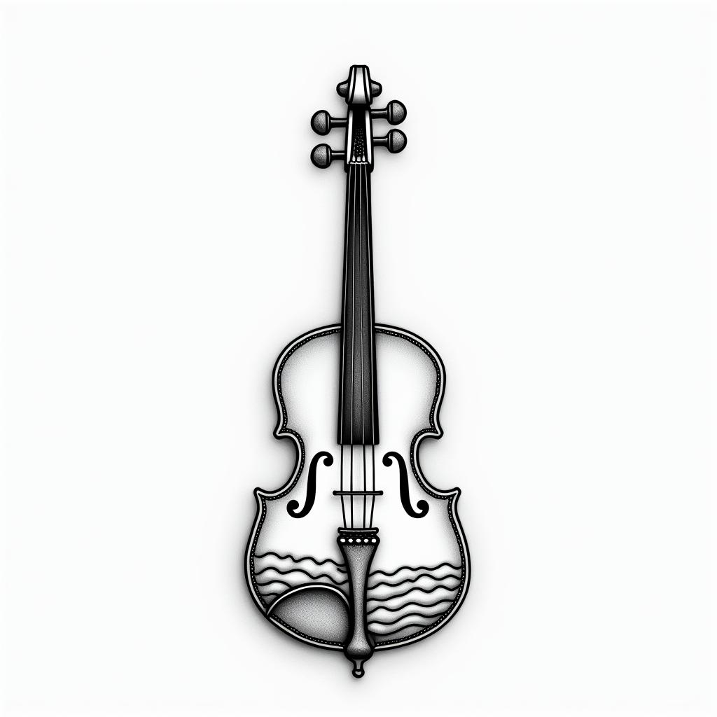 Banjo fiddlein Modest style tattoo, featuring soft, delicate line work with simple and meaningful symbols, gentle waves, a heart, evoking a sense of serenity and grace, - Variation 3