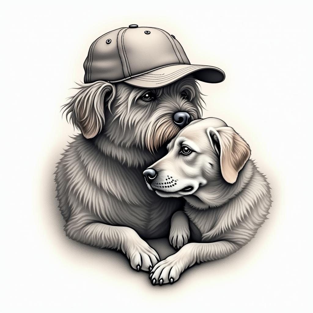 A tattoo design in honor of a deceased grandfather, featuring a loving dog next to a cap. The style should capture the essence of the grandfather's personality, incorporating details that reflect his love for animals. The artwork should convey a sense of affection and nostalgia, with a soft and warm color palette.higly detailed tattoo