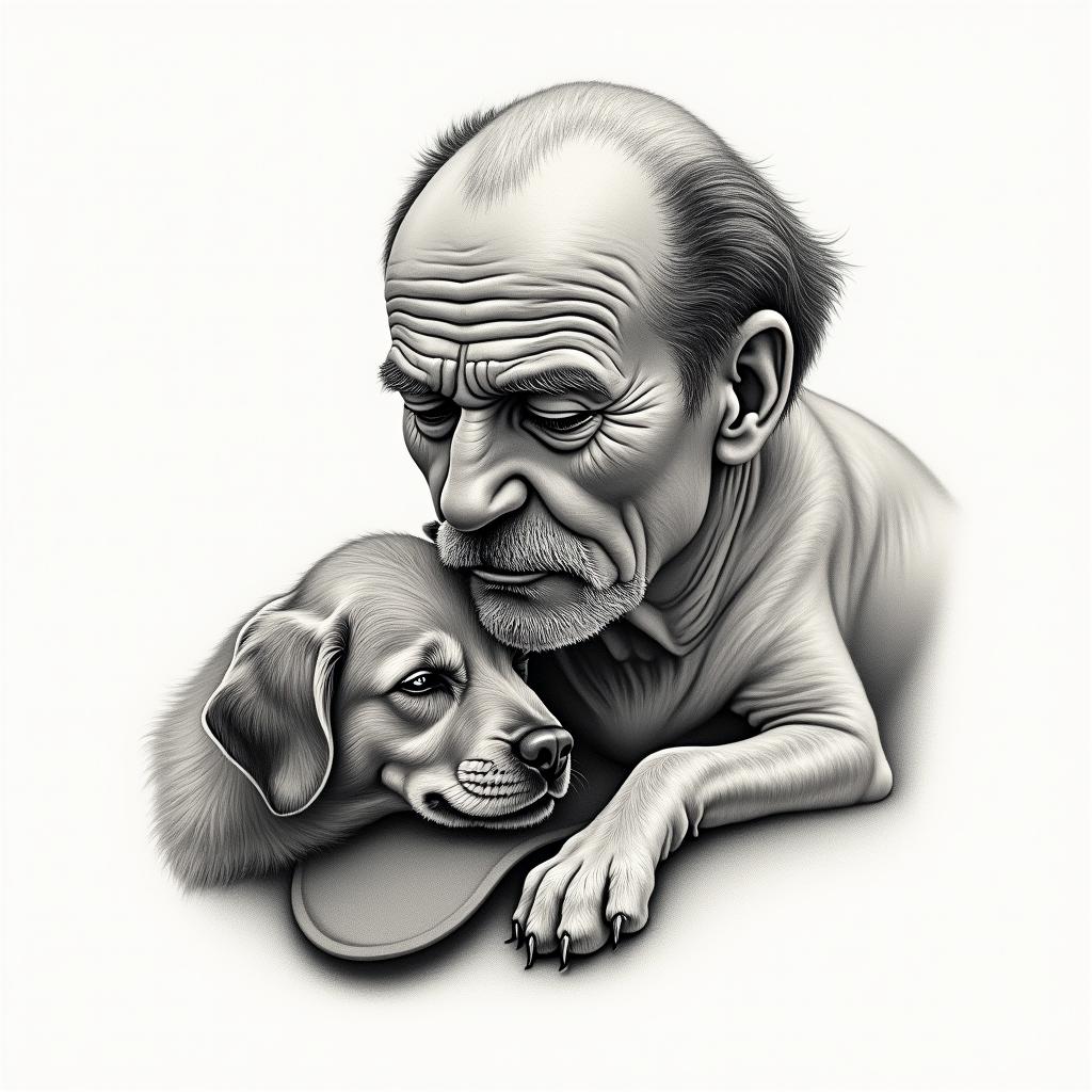 A tattoo design in honor of a deceased grandfather, featuring a loving dog next to a cap. The style should capture the essence of the grandfather's personality, incorporating details that reflect his love for animals. The artwork should convey a sense of affection and nostalgia, with a soft and warm color palette.higly detailed tattoo - Variation 4