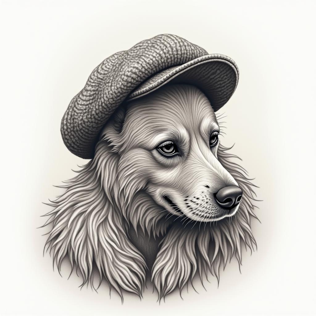 A tattoo design in honor of a deceased grandfather, featuring a loving dog next to a cap. The style should capture the essence of the grandfather's personality, incorporating details that reflect his love for animals. The artwork should convey a sense of affection and nostalgia, with a soft and warm color palette.higly detailed tattoo - Variation 3