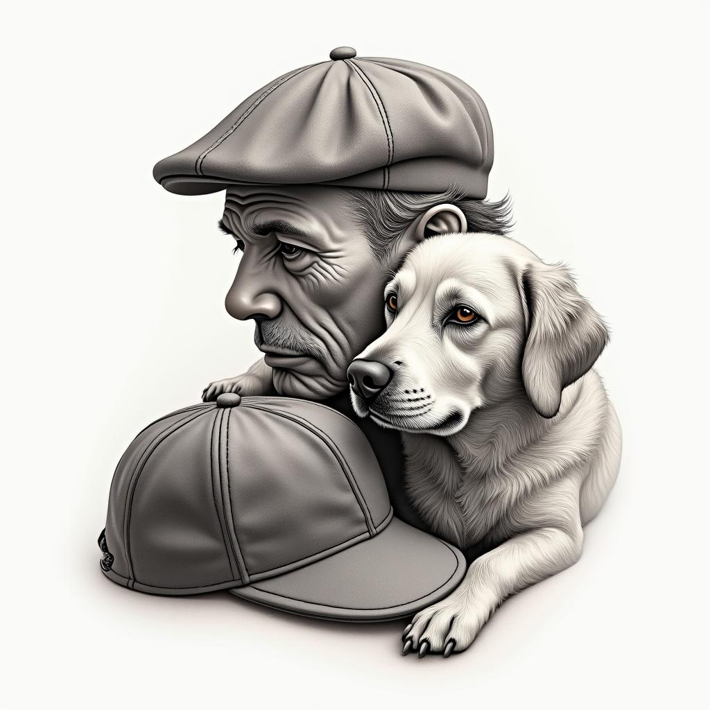 A tattoo design in honor of a deceased grandfather, featuring a loving dog next to a cap. The style should capture the essence of the grandfather's personality, incorporating details that reflect his love for animals. The artwork should convey a sense of affection and nostalgia, with a soft and warm color palette.higly detailed tattoo - Variation 2