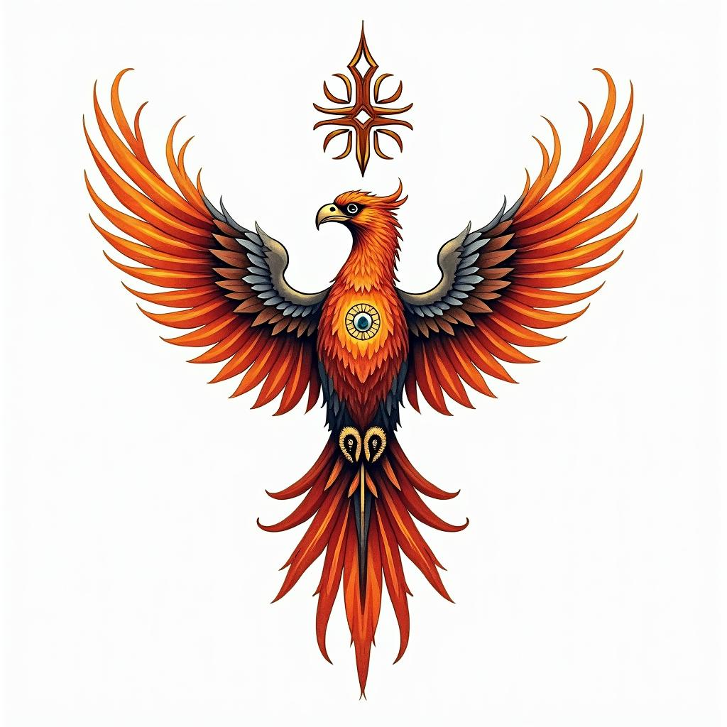 Rising phoenix with vibrant fiery wingsin spiritual symbols tattoo style, featuring an intricate design incorporating elements, Hamsa hand, third eye, minimalist composition - Variation 4