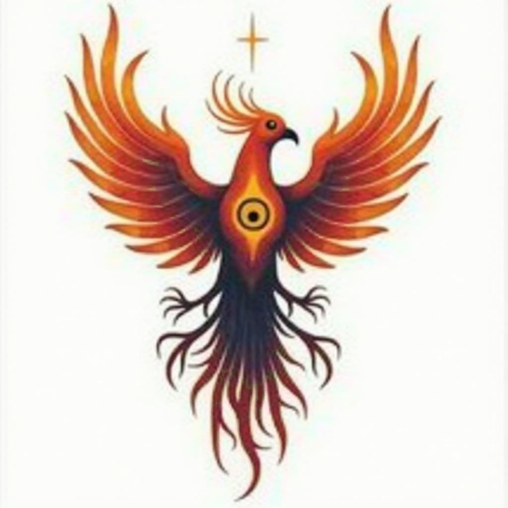 Rising phoenix with vibrant fiery wingsin spiritual symbols tattoo style, featuring an intricate design incorporating elements, Hamsa hand, third eye, minimalist composition