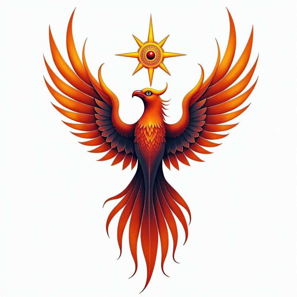 Rising phoenix with vibrant fiery wingsin spiritual symbols tattoo style, featuring an intricate design incorporating elements, Hamsa hand, third eye, minimalist composition - Variation 2