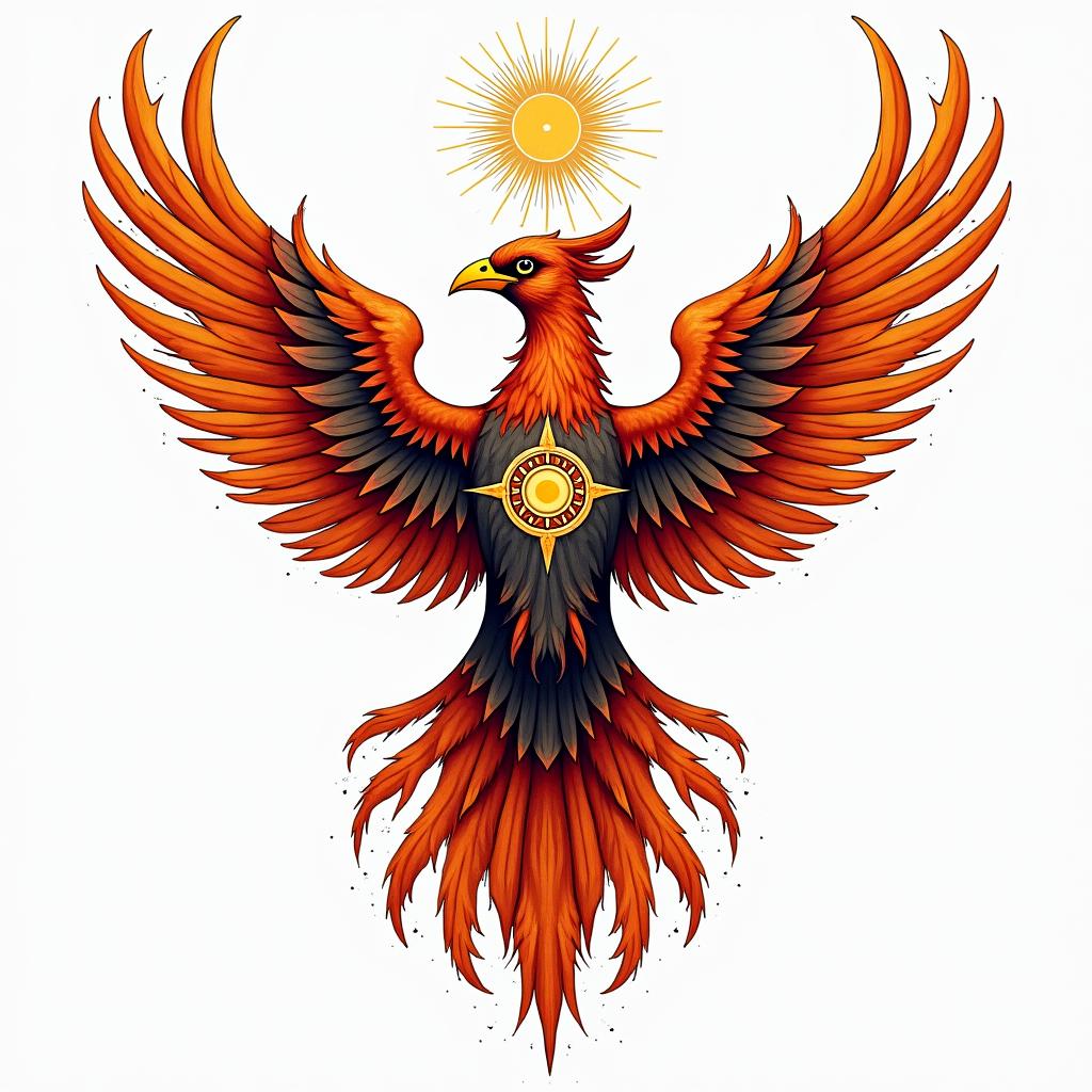 Rising phoenix with vibrant fiery wingsin spiritual symbols tattoo style, featuring an intricate design incorporating elements, Hamsa hand, third eye, minimalist composition - Variation 3