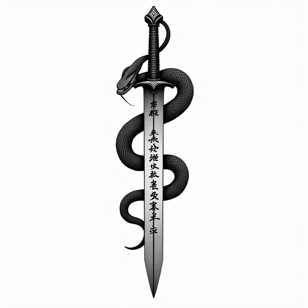 Snake wrapped around sword with inscription on ittext-based tattoo, japanese font ultra-realistic, perfectly placed, high-quality font design, photo-realistic shading, 8k, high quality, finely detailed typograph - Variation 3