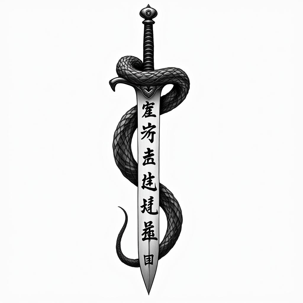 Snake wrapped around sword with inscription on ittext-based tattoo, japanese font ultra-realistic, perfectly placed, high-quality font design, photo-realistic shading, 8k, high quality, finely detailed typograph - Variation 2