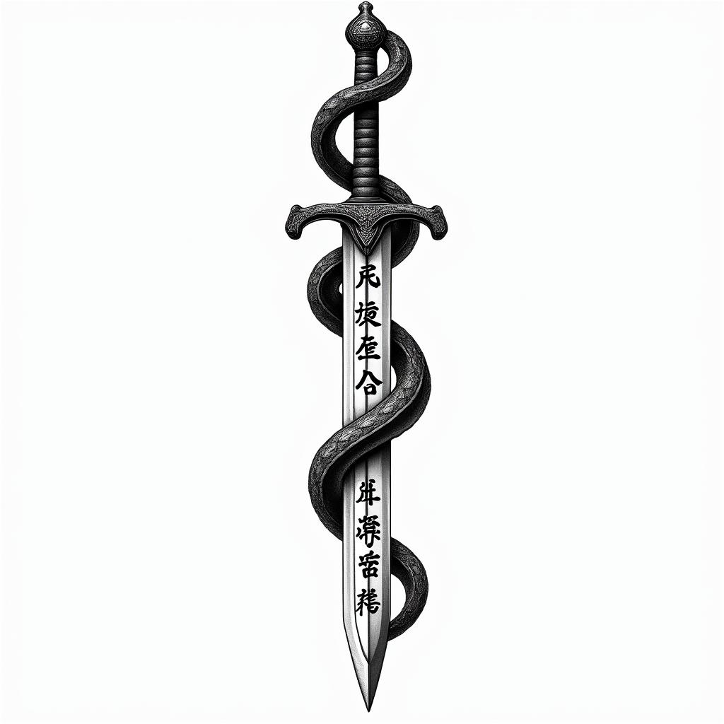 Snake wrapped around sword with inscription on ittext-based tattoo, japanese font ultra-realistic, perfectly placed, high-quality font design, photo-realistic shading, 8k, high quality, finely detailed typograph - Variation 4