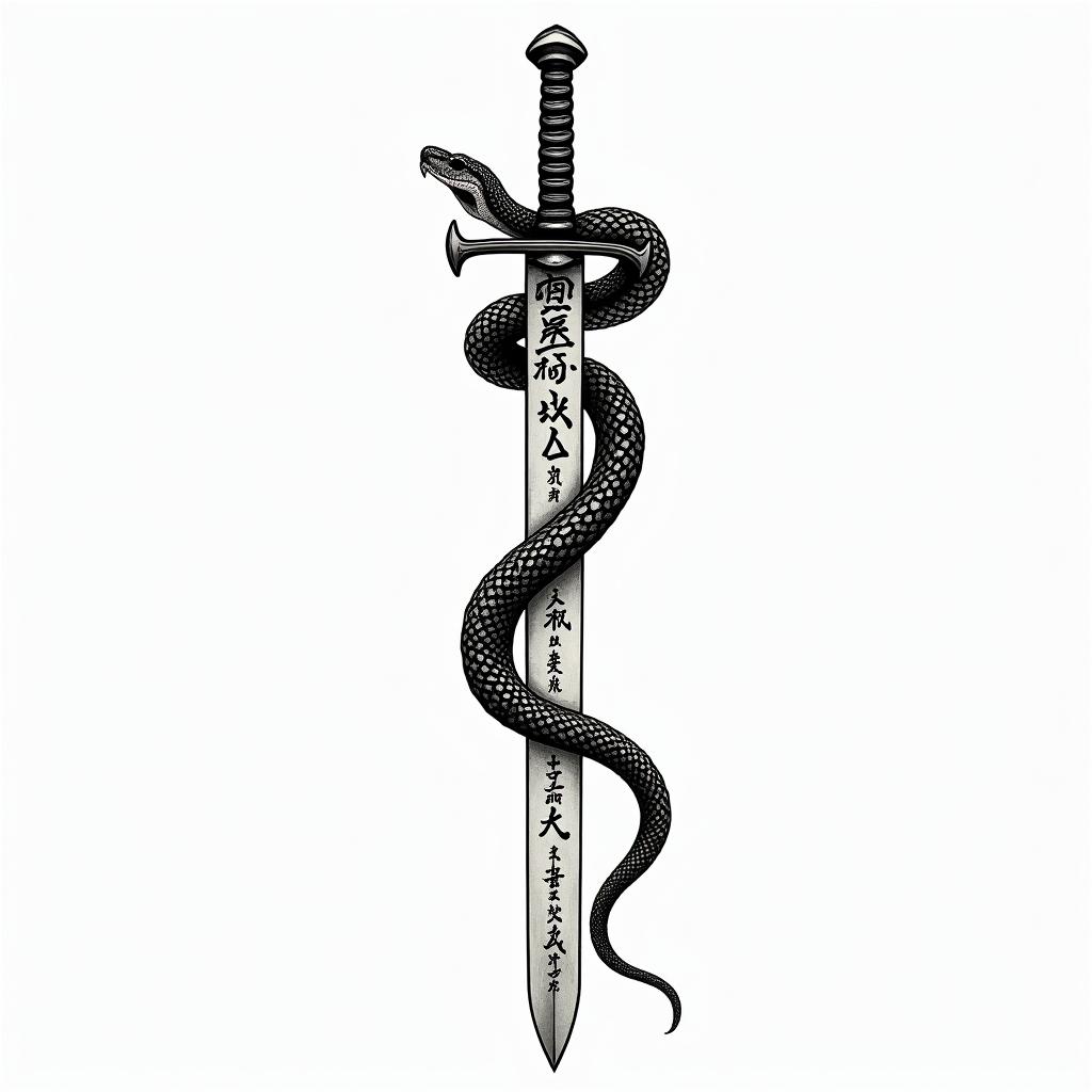 Snake wrapped around sword with inscription on ittext-based tattoo, japanese font ultra-realistic, perfectly placed, high-quality font design, photo-realistic shading, 8k, high quality, finely detailed typograph - Variation 1